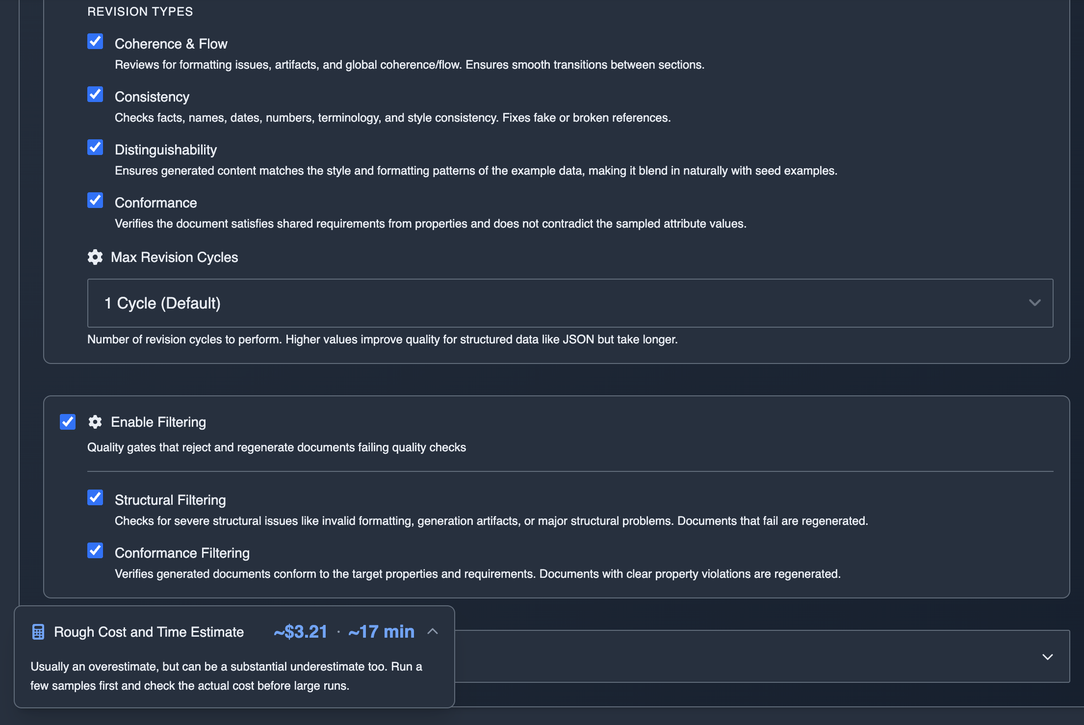 Run configuration showing revision types (Coherence & Flow, Consistency, Distinguishability, Conformance), filtering options, and cost/time estimate