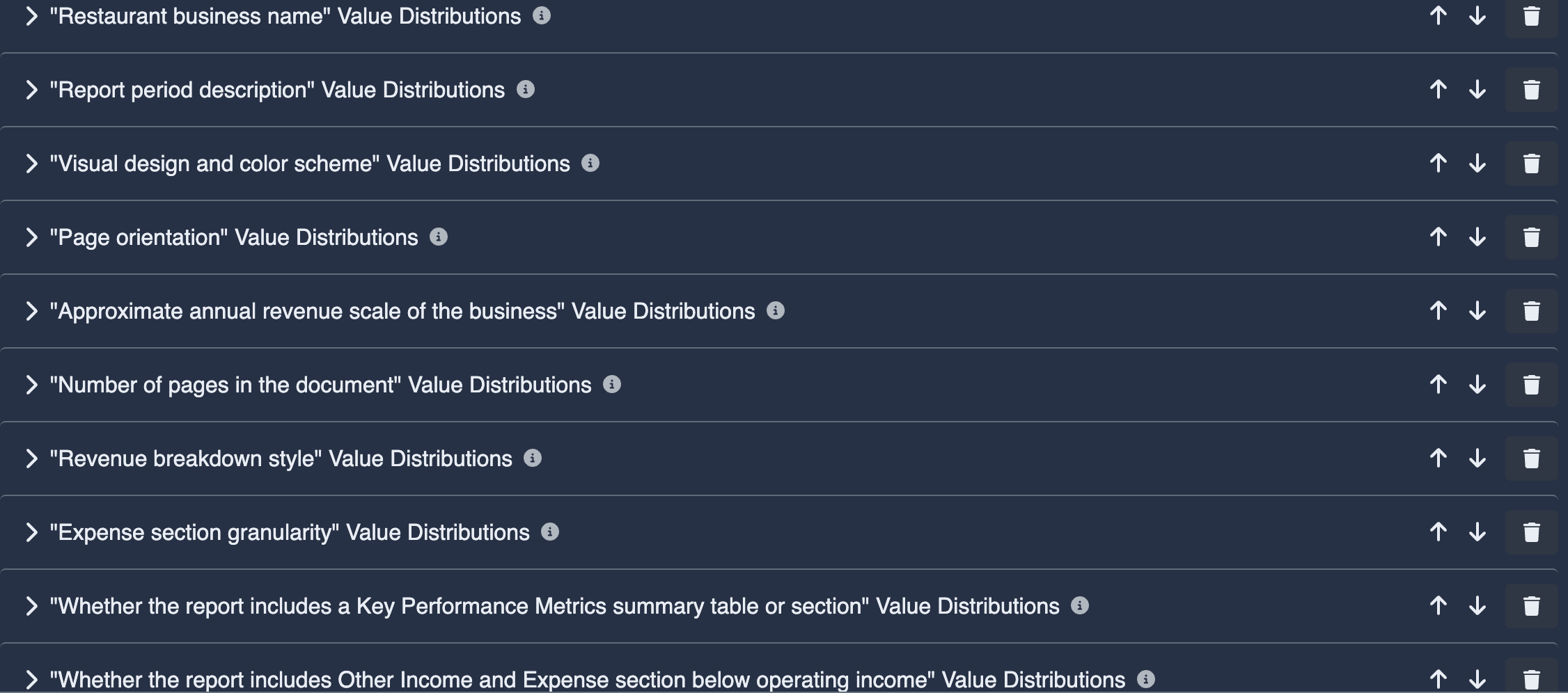 DataFramer specification showing the full list of value distributions controlling content and visual diversity across generated documents